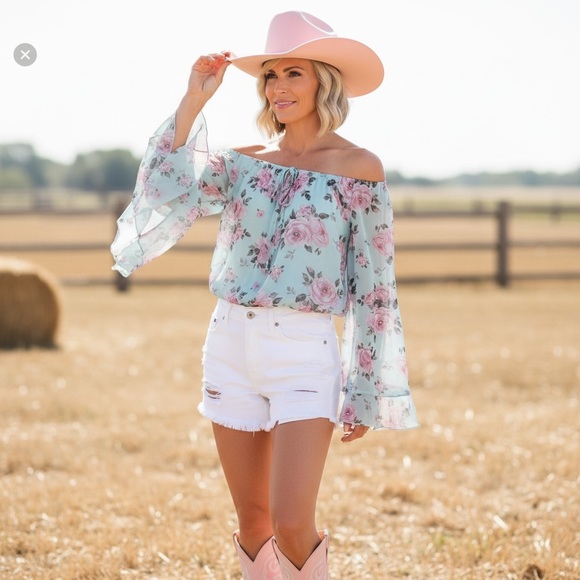 PEACH LOVE CALIFORNIA floral print bodysuit sheer bell sleeve size Large - Picture 4 of 16